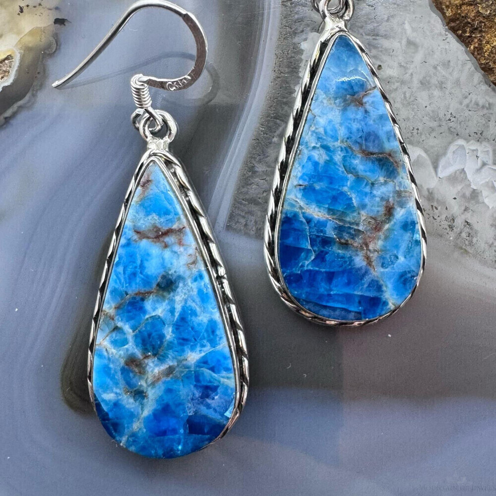 Sterling Silver Southwestern Style Apatite Teardrop Dangle Earrings For Women - Picture 5 of 10